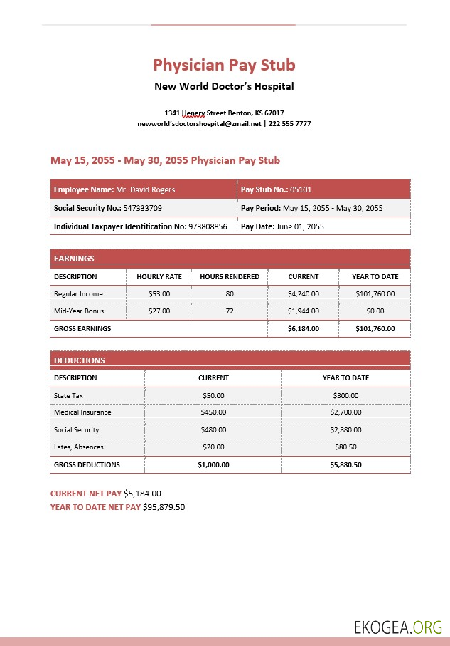 Talon de paie des médecins de l’hôpital New World Doctor’s aux formats PDF et Word
